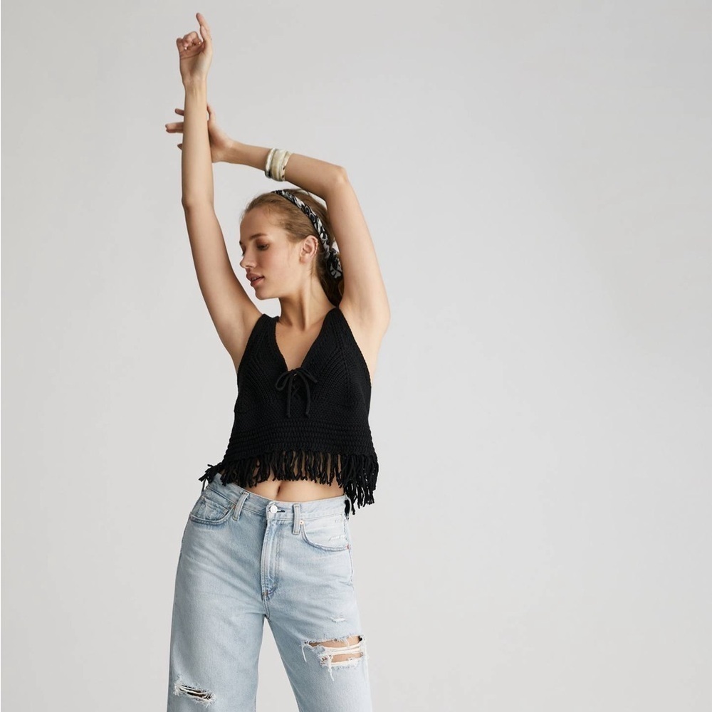 Anthropologie Pilcro Fringed Sweater Tank Crochet Bohemian Black Small NWT